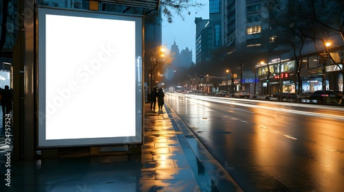 Blank white vertical digital billboard poster on city street bus stop sign at night, blurred urban background with skyscraper, people, mockup for advertisement, marketing