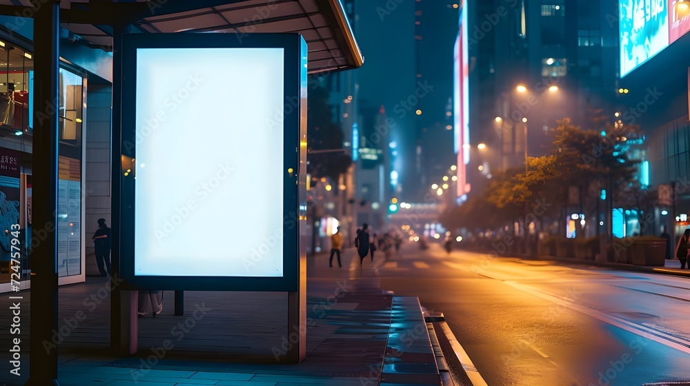 Blank white vertical digital billboard poster on city street bus stop sign at night, blurred urban background with skyscraper, people, mockup for advertisement, marketing Blank white vertical digital billboard poster on city street bus stop sign at night, blurred urban background with skyscraper, people, mockup for advertisement, marketing