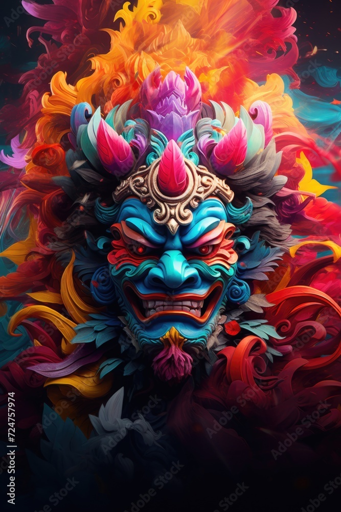 A digital painting of a vibrant, colorful mask against a black background. Ideal for adding a touch of color and mystery to your designs