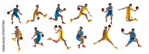 Banner. Collage. Professional sportsmen, basketball players wearing blue and yellow uniform training against white background. Concept of sport, action, motion, movement, energy, active lifestyle. Ad © Lustre