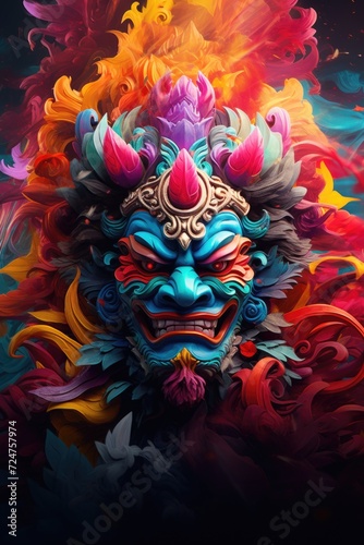 A digital painting of a vibrant, colorful mask against a black background. Ideal for adding a touch of color and mystery to your designs © Fotograf