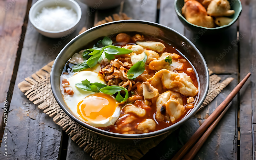 Capture the essence of Bubur Ayam in a mouthwatering food photography shot