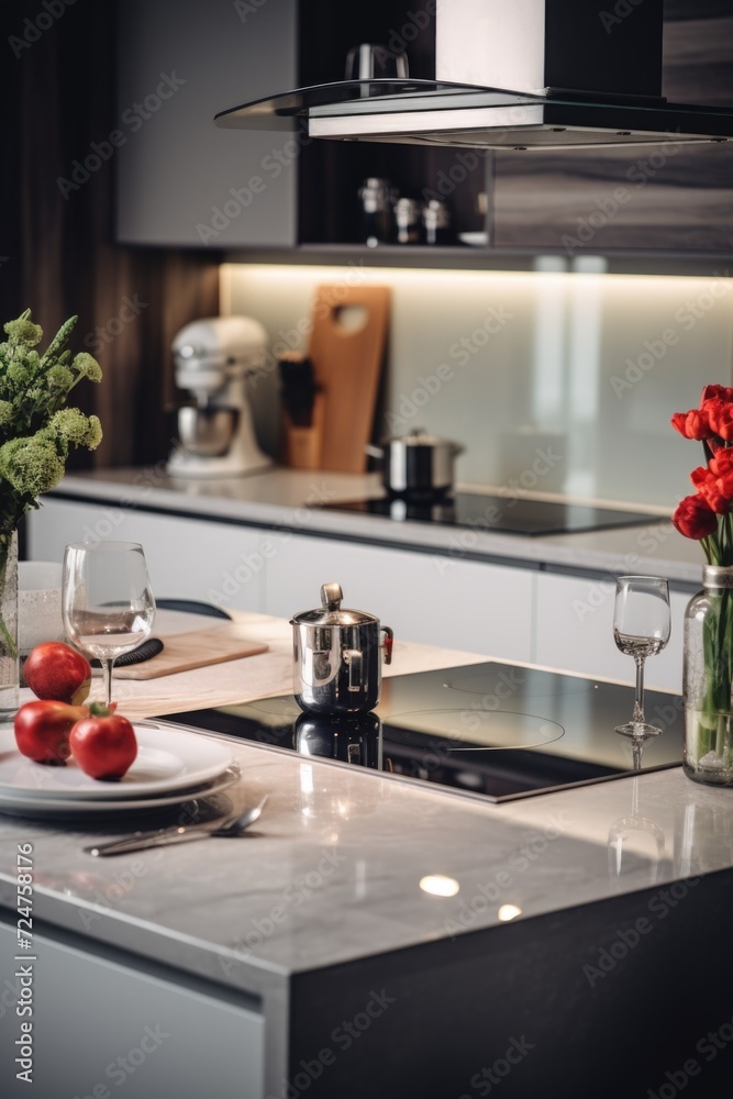 A simple and elegant kitchen counter with a beautiful vase of flowers. Perfect for adding a touch of freshness and color to any kitchen. A simple and elegant kitchen counter with a beautiful vase of flowers. Perfect for adding a touch of freshness and color to any kitchen.