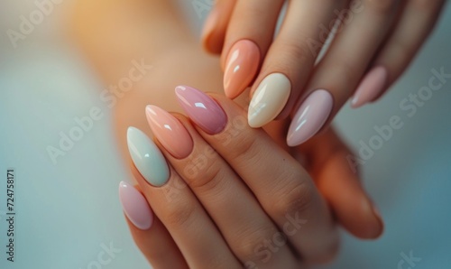 Female hands with pink nail design. Nail polish manicure.