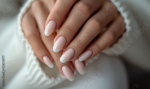 Female hand with white nail design. Nail polish manicure. photo
