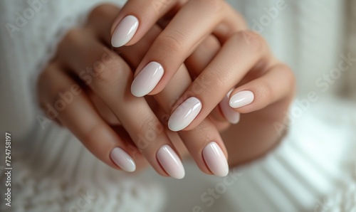 Female hand with white nail design. Nail polish manicure.