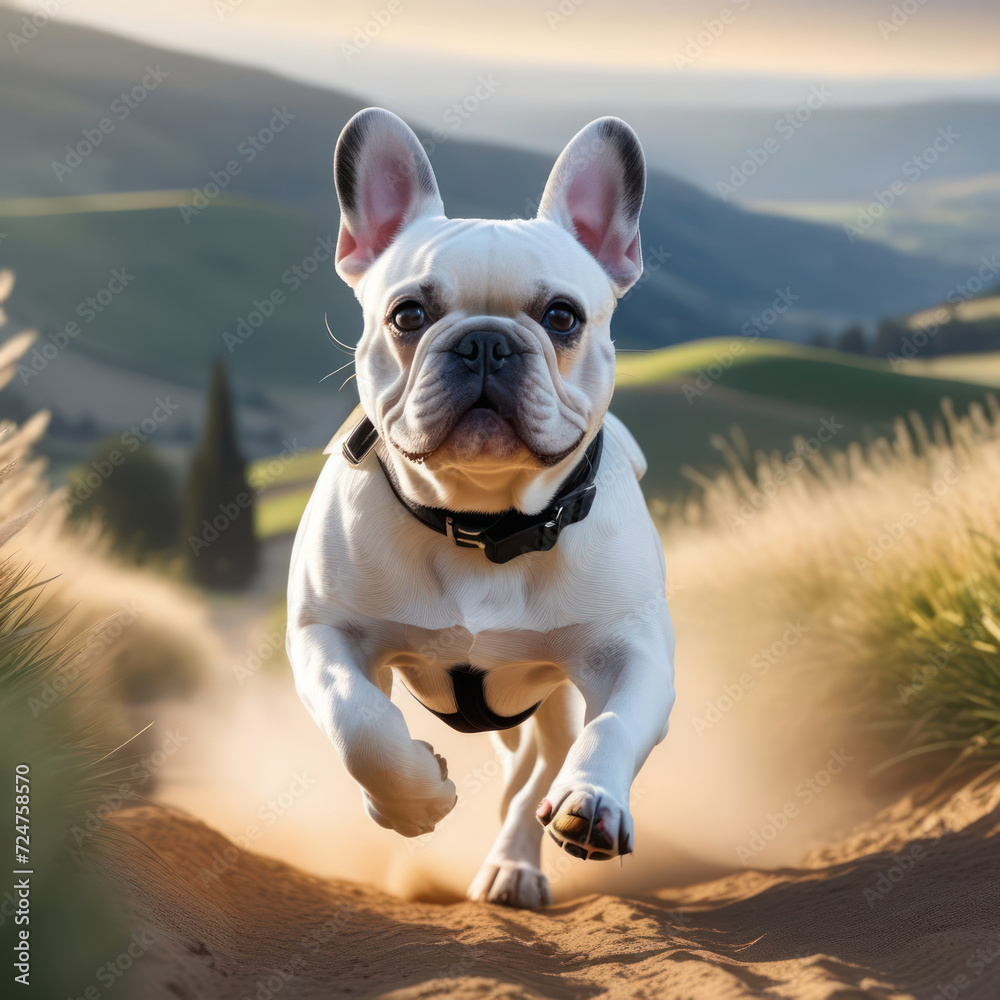 Flying French Bulldog in the park with a beaming face. Purebred dog while running. Close up portrait of a dog. Generative AI