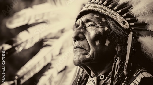 a vintage black and white photo of a Native American chief wearing traditional clothing and and feathers, in the style of sepia tone © Elvin