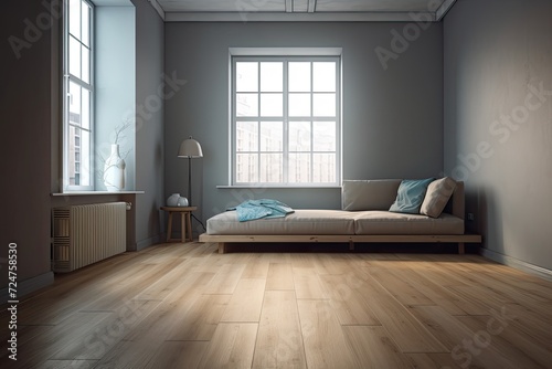 Mockup of an empty room with a wooden floor and a gray wall. Apartment alone with no one. Angle of view