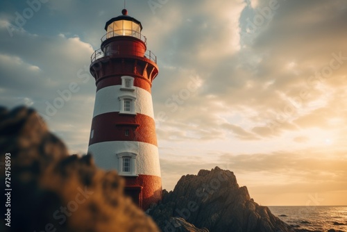 A picturesque red and white lighthouse stands proudly on top of a rocky beach. Perfect for coastal-themed projects and travel publications