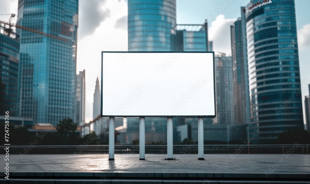Fototapeta premium Blank street billboard on city street. Mockup of horizontal advertising stand in the street