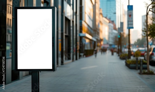 Blank street billboard on city street. Mock up of vertical advertising stand in the street