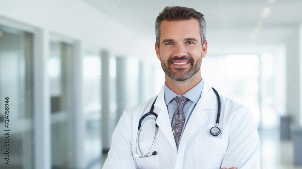 Smiling doctor man on blur hospital abstract background. Generative ai. Smiling doctor man on blur hospital abstract background. Generative ai.