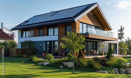 Modern house with solar panels installed on the roof. Modern house with solar panels installed on the roof. © TheoTheWizard