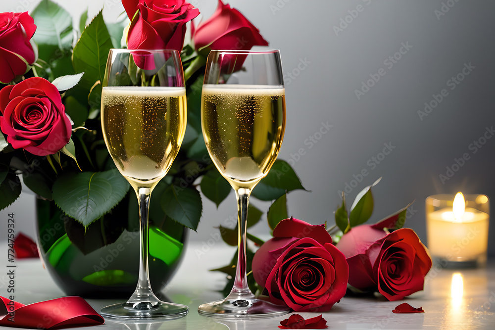 Two glasses of champagne and red roses for Valentine's Day.
