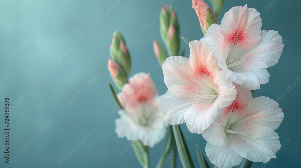  a group of pink and white flowers sitting on top of a blue table next to a light blue wall and a light blue back ground with a few pink and white flowers in the middle.