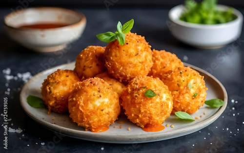 Capture the essence of Arancini in a mouthwatering food photography shot photo