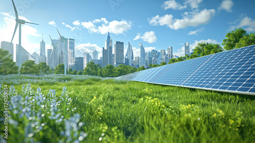 Grassy Solar Panels Enhance Urban Landscape with Towering Skyscrapers in the Background © Thichakorn
