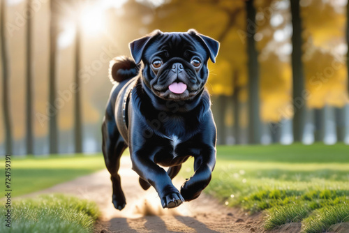 Black pug dog running in the grass with tongue sticking out. Generative AI