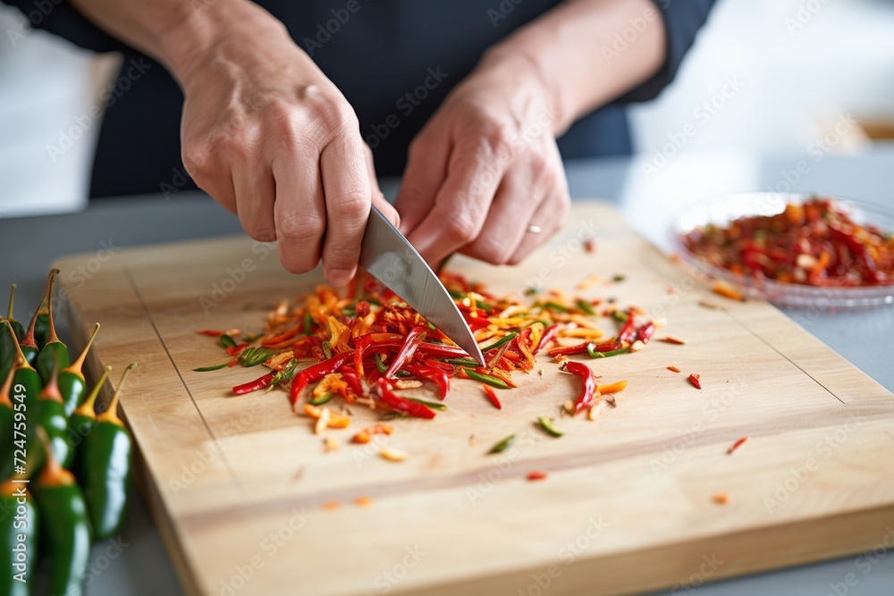 fine chopping of chilies for spicy condiment fine chopping of chilies for spicy condiment