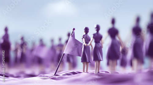 Tiny toy figure representation a woman waves a flag for feminist. Generative AI. photo