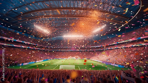 Stadium celebration with colors of confetti at football field. Generative AI