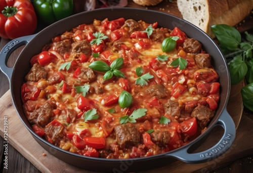 A dish prepared with peppers, tomatoes, onions, and sometimes meat or cottage cheese by ai generated