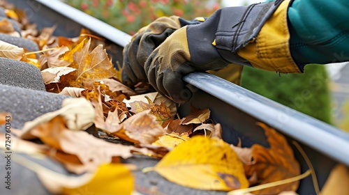 Getting ready for winter with a thorough roof gutter cleaning to remove autumn leaves and debris. photo