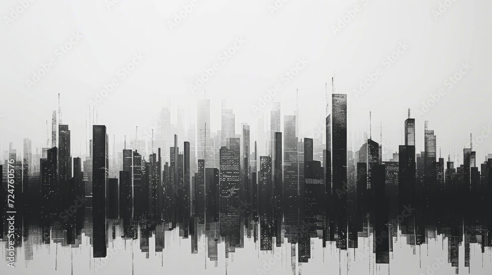 Compose a minimalist city skyline using black and white rectangles to represent buildings. Minimalist Art