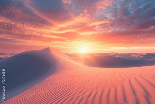 Breathtaking sunset over rippling sand dunes. Warm hues  deep oranges  purples  and pinks in the gradient sky. Long shadows cast intricate patterns on textured landscape. Tranquil and serene.