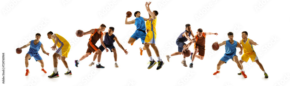 Collage. Rival match and youth league. Young men, sportsmen playing basketball in motion against white background. Concept of sport, action, movement, energy, active lifestyle. Ad