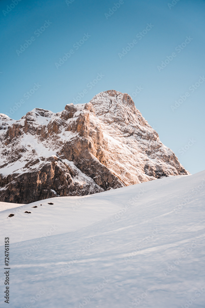 Snowy mountains with sunset, Swiss Alps, Austrian Alps, Snowy mountain peaks, ski tour, backcountry