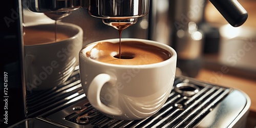 A cup of coffee being poured into a coffee machine. Perfect for coffee lovers and coffee shop promotions