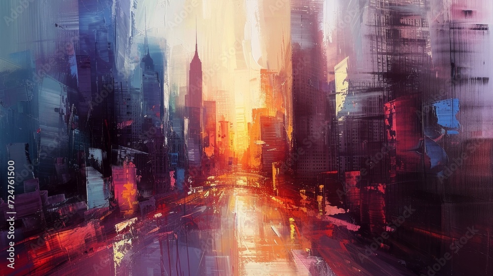 Create an abstract cityscape during sunrise, emphasizing the emotional experience of being surrounded by towering buildings. Expressionism
