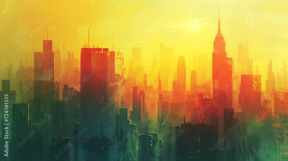 Create an abstract cityscape during sunrise, emphasizing the emotional experience of being surrounded by towering buildings. Expressionism