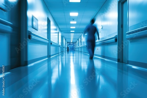 A serene hospital corridor with graceful nurses in white uniforms  their fluid movements captured in a long exposure shot