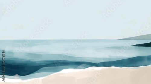 Create an abstract representation of a calm ocean with simple shapes and a muted color palette. Minimalist Art