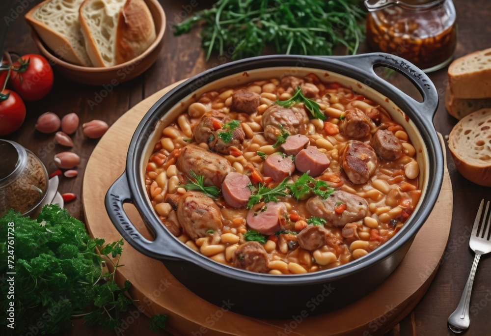 A slow-cooked casserole dish made with white beans, various meats such as sausage, pork, and duck confit by ai generated A slow-cooked casserole dish made with white beans, various meats such as sausage, pork, and duck confit by ai generated
