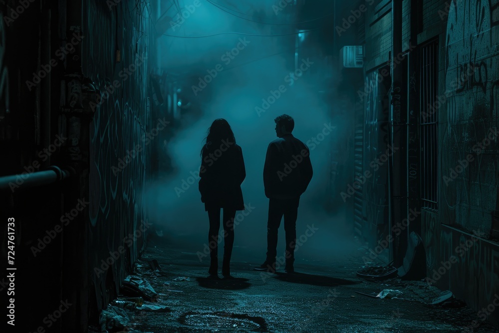 Misty alley with dim lighting, enigmatic figures and eerie atmosphere. Isolated individuals surrounded by swirling mist in a mysterious setting Misty alley with dim lighting, enigmatic figures and eerie atmosphere. Isolated individuals surrounded by swirling mist in a mysterious setting