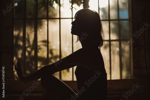Silhouetted woman in meditative pose, bathed in soft light from a large window in a dark room. Inspiring inner peace and tranquility