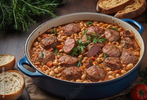 A slow-cooked casserole dish made with white beans, various meats such as sausage, pork, and duck confit by ai generated