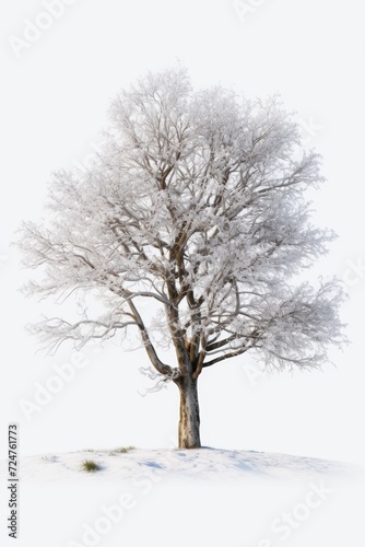 A lone tree covered in snow  standing on top of a hill. Perfect for winter landscapes and nature scenes