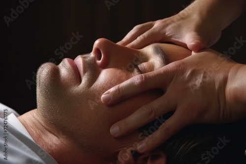 A man is shown receiving a facial massage at a spa. This image can be used to promote relaxation and self-care