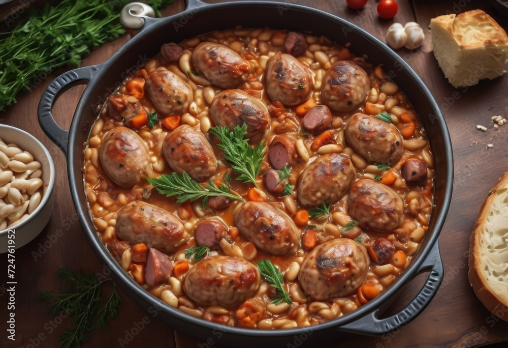 A slow-cooked casserole dish made with white beans, various meats such as sausage, pork, and duck confit by ai generated A slow-cooked casserole dish made with white beans, various meats such as sausage, pork, and duck confit by ai generated