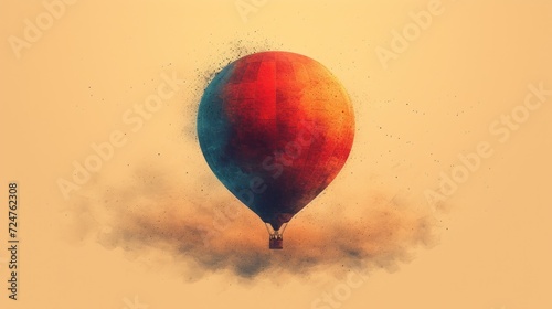  a red and blue hot air balloon floating in the sky with smoke coming out of the bottom of the balloon and the bottom of the balloon is orange and yellow.