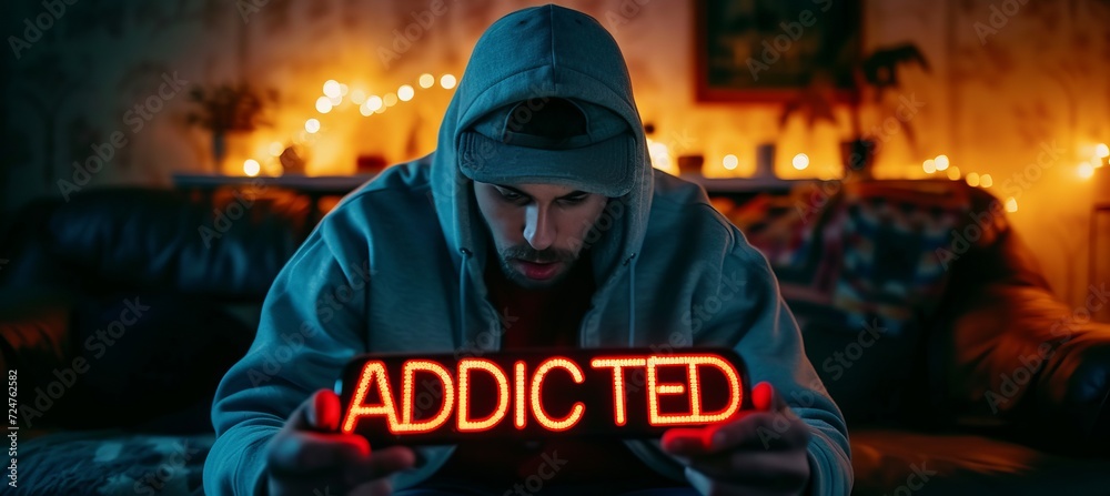 Interactive holographic addicted shining text icon overlay on mobile phone in hands Interactive holographic addicted shining text icon overlay on mobile phone in hands