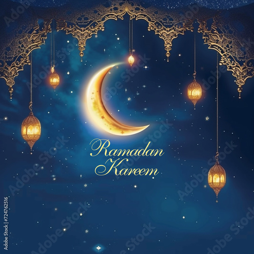 Crescent moon and beautiful night sky ramadan holiday with Ramadan Kareem text poster, ai technology