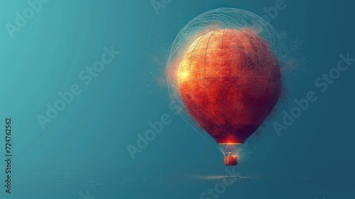  a red hot air balloon floating in the air with a blue sky in the back ground and a bright orange light in the middle of the bottom of the balloon.