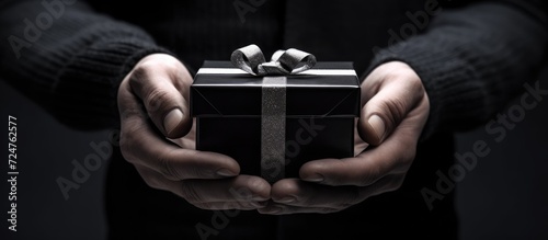 Man holding a gift box with a red bow. 