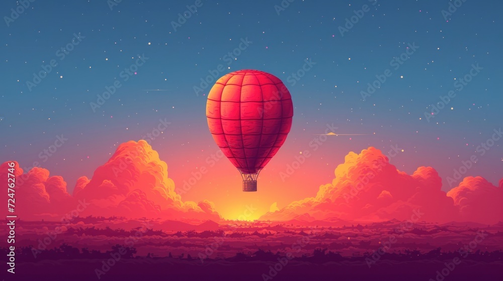  an image of a hot air balloon flying in the sky above the clouds at sunset or sunrise with stars in the sky above the clouds and a bright red hot air.